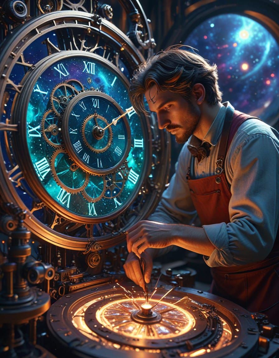 Celestial Clockmaker Crafting Galaxies in Asteroid Workshop