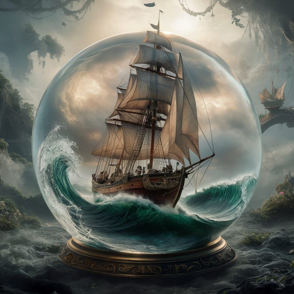 Vintage Sailboat in Crystal Ball, Fantasy Landscape