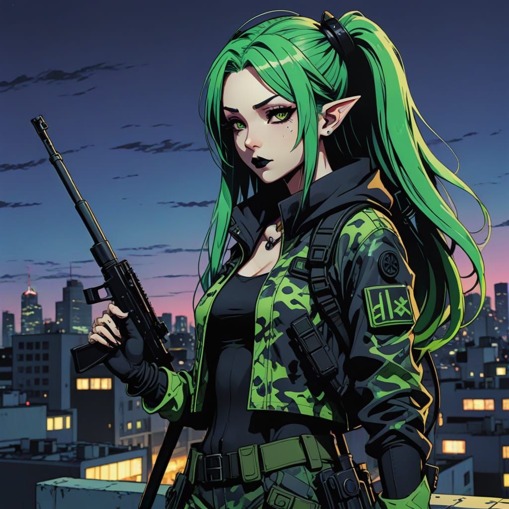 Goth Elf Sniper in Urban Camo, Neon Hair Glowing at Dusk