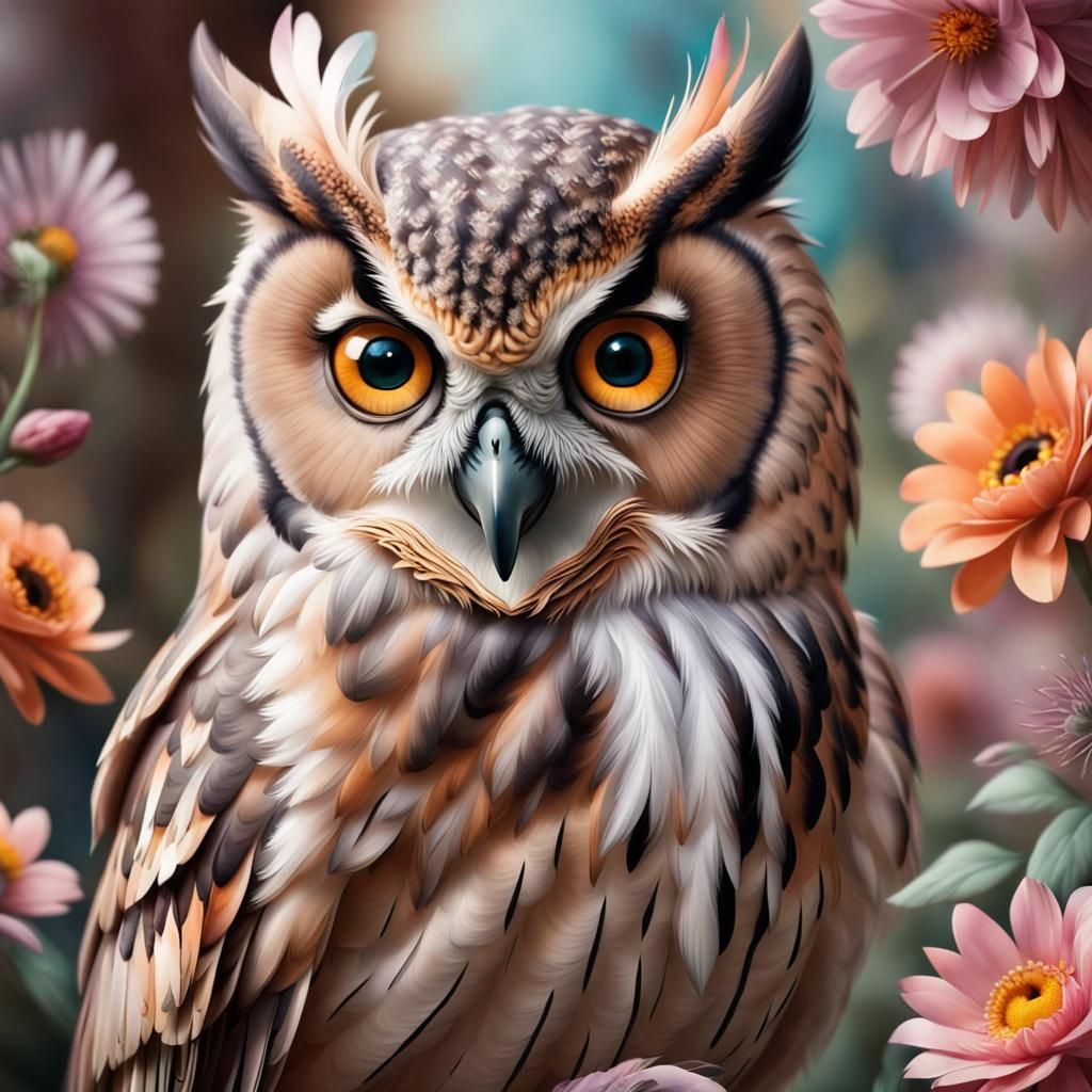 Stunning Owl Portrait with Floral Background