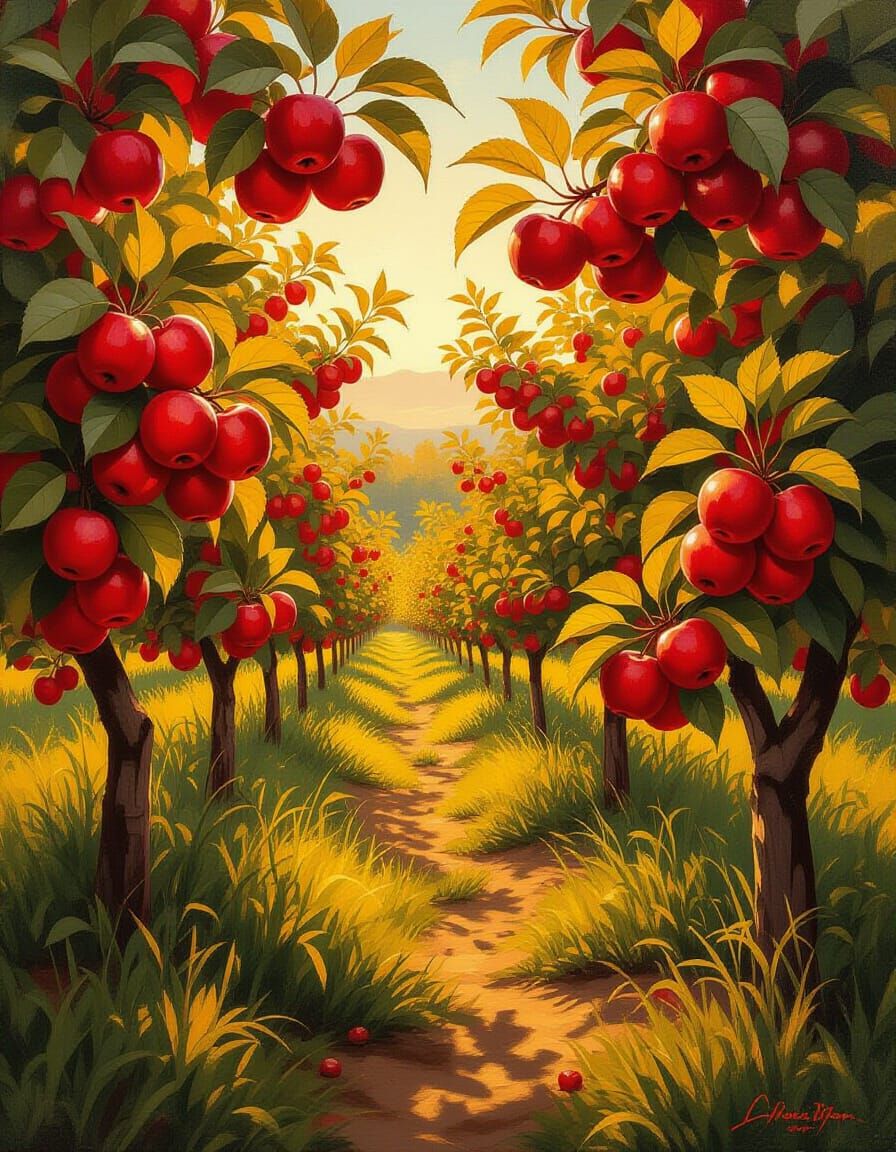 Golden Hour Orchard With Ripe Apples