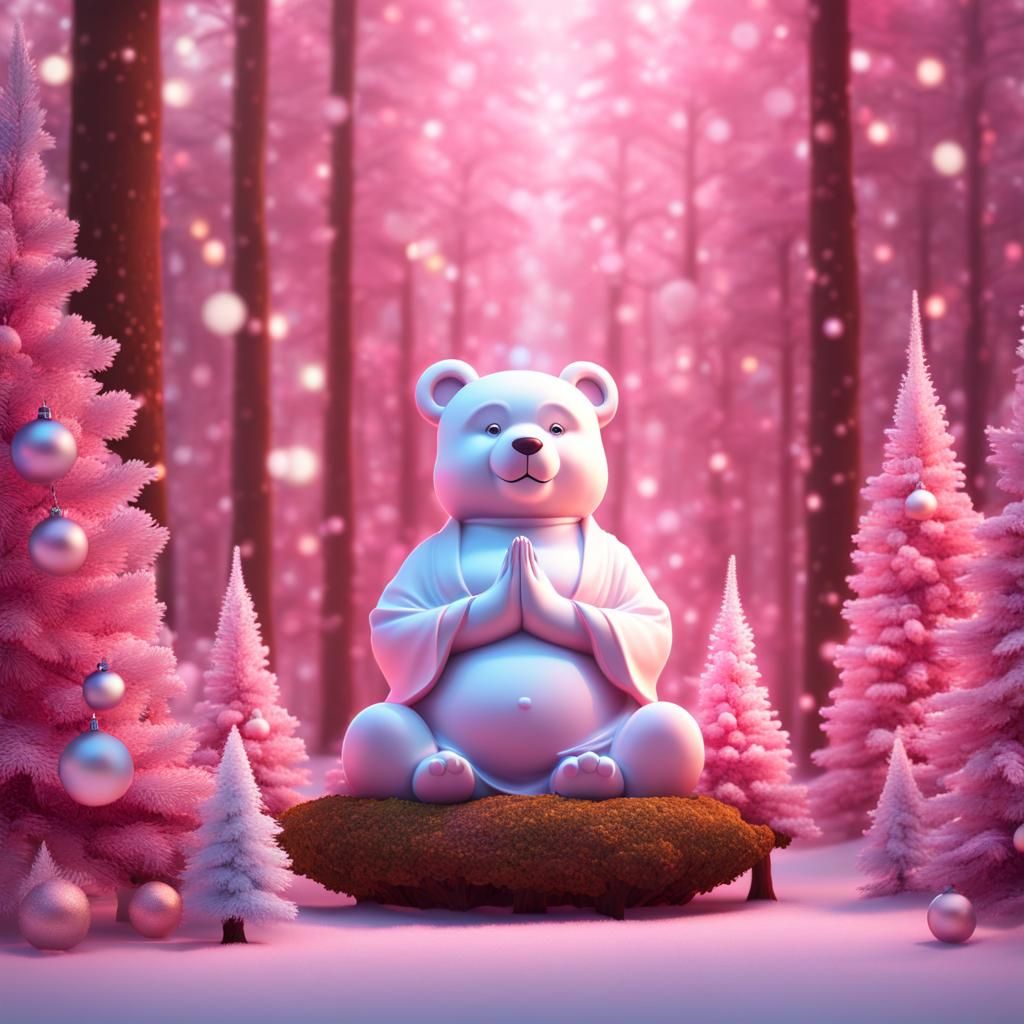 Teddy Bear Buddha Meditating by Christmas Tree