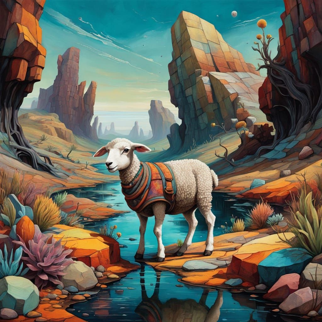 Nervous Lamb Exploring Surreal Landscape: Abstract Painting