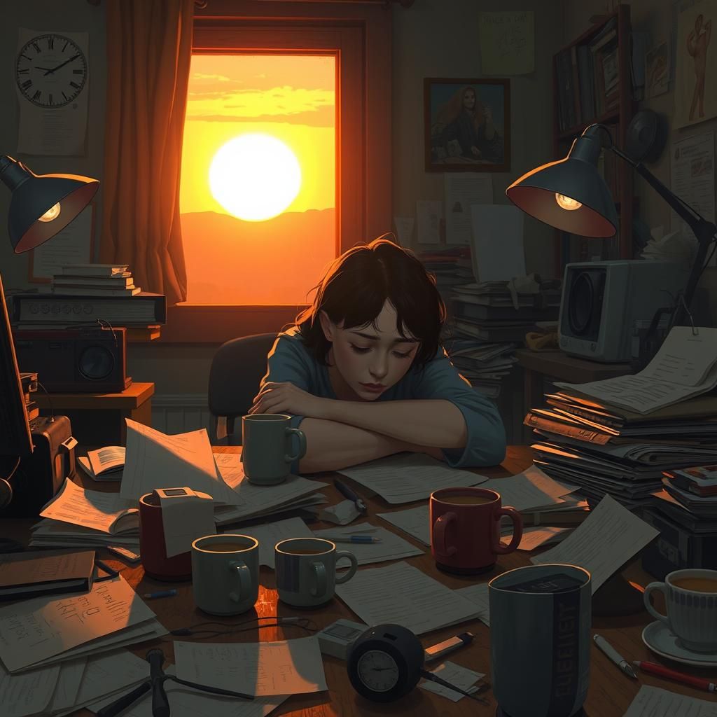 Exhausted Woman at Desk in Dystopian Digital Art
