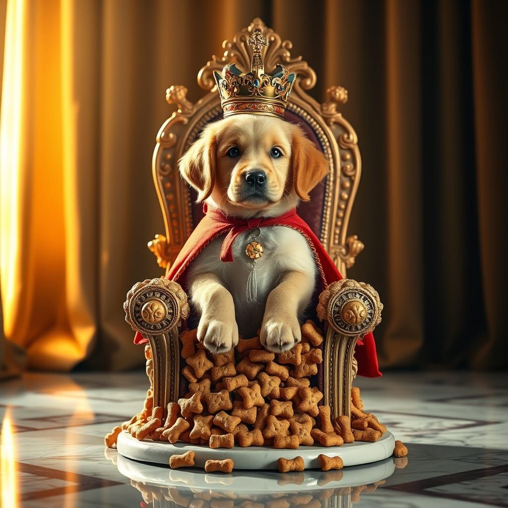 Golden Retriever Puppy Sits Majestically on Dog Biscuit Thro...