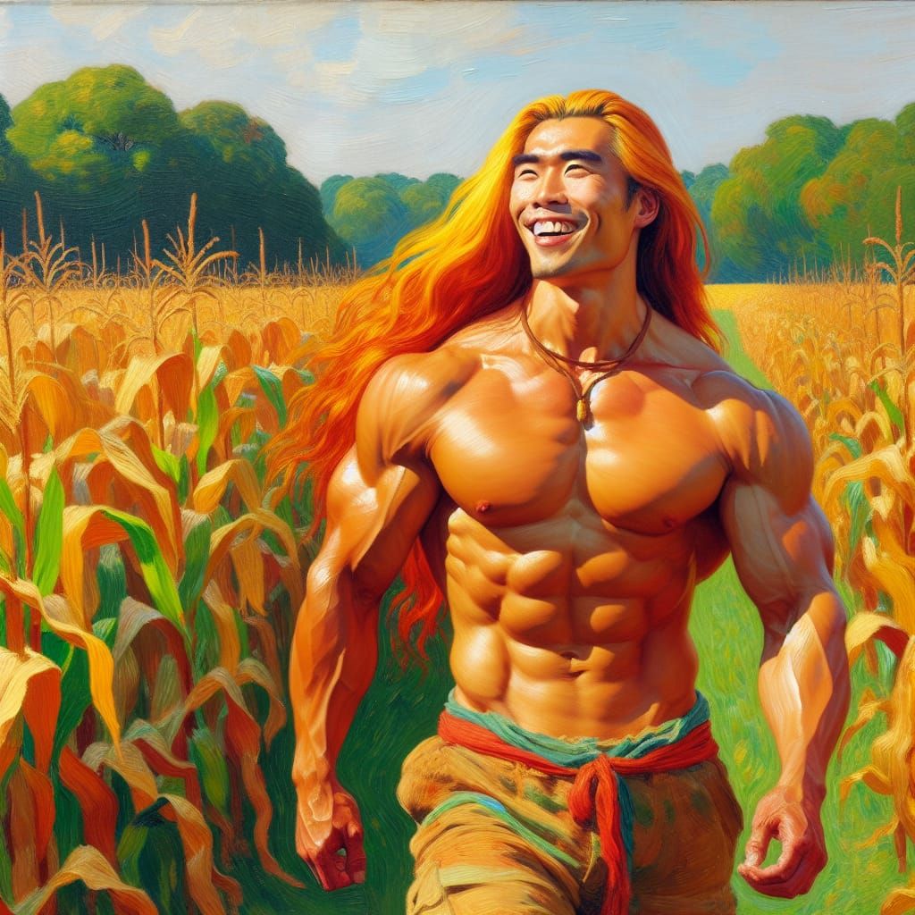 A Chinese man with long, vibrant ginger hair in a cornfield