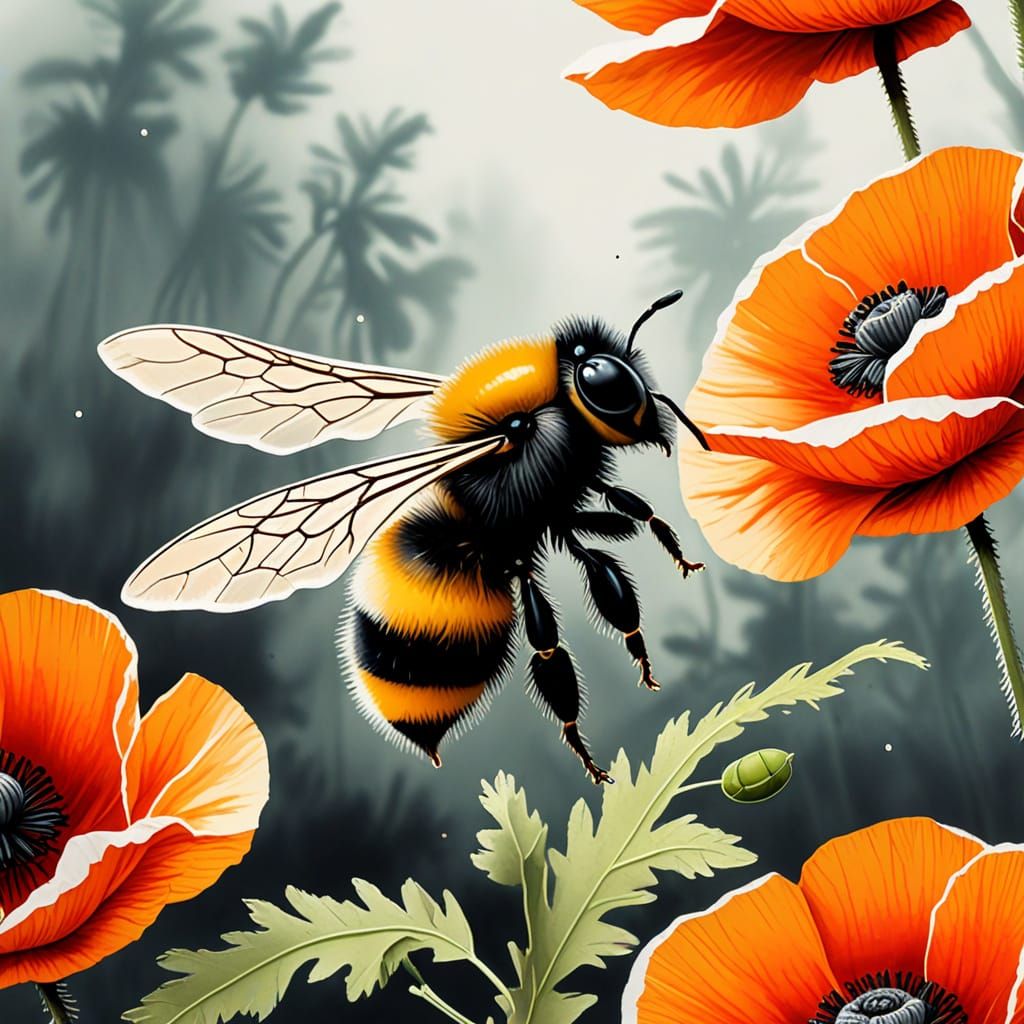 Bee in a Sumi-e Painting of a Poppy