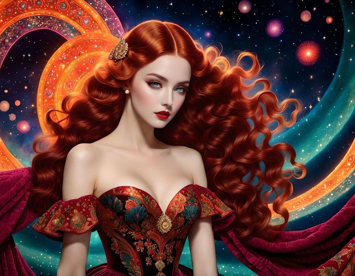 Woman in Stardust Gown with Neon Fire