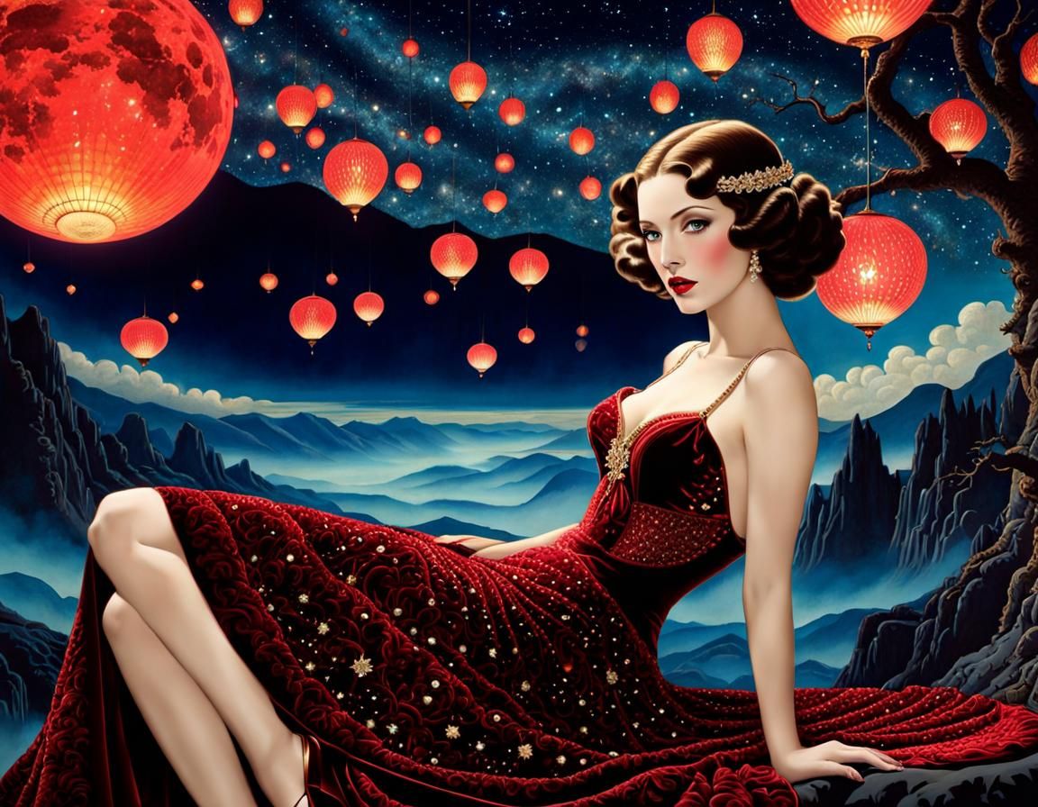 Dreamlike Stardust Gown in Neon Fire, 3D Render