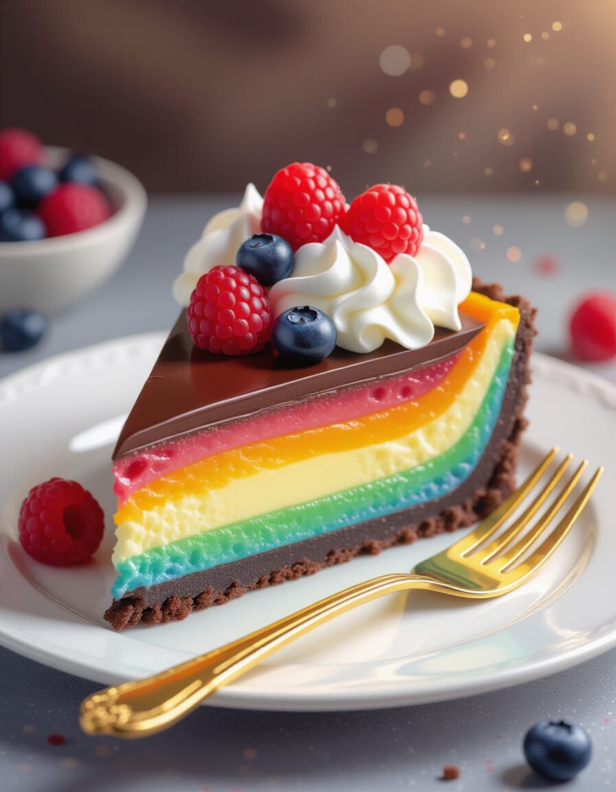 Rainbow Cheesecake Slice in Watercolor Splash Style