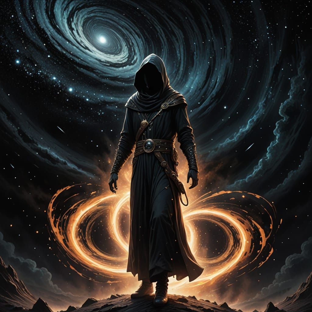 Cosmic Bard Stands at Black Hole's Edge in Dark Fantasy Illu...