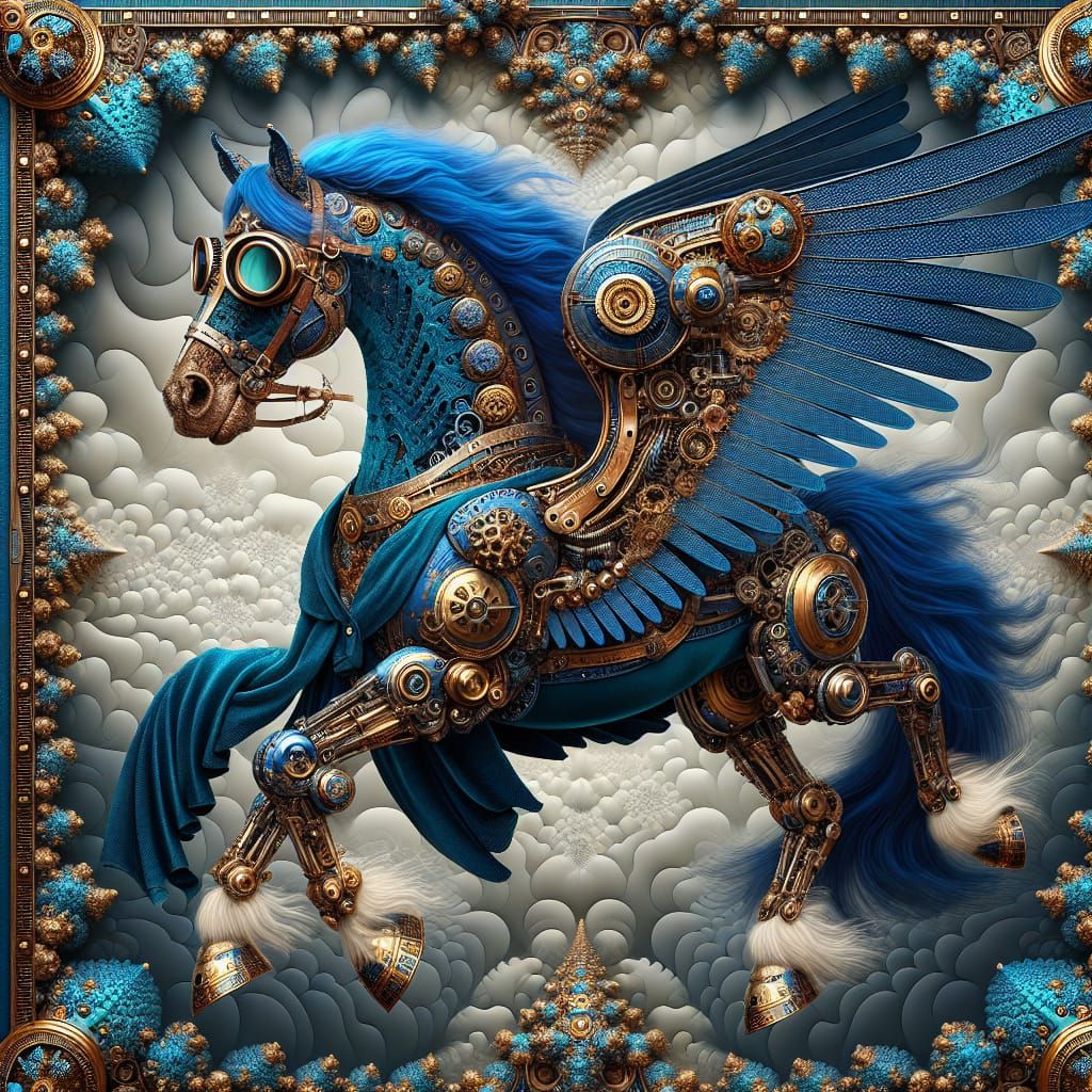 Steampunk Blue Velvet Pegasus in Elegant Fractal Composition