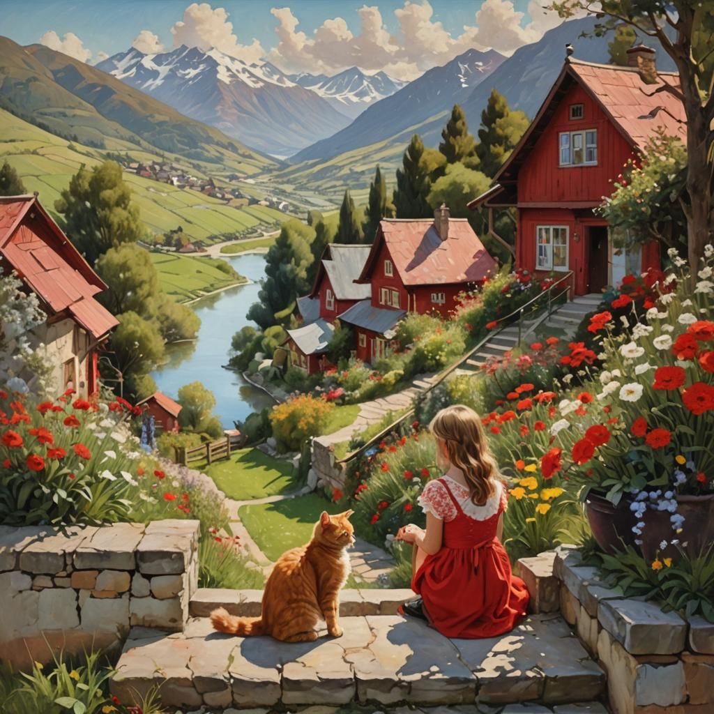 Girl with Cat in Garden: Oil Painting