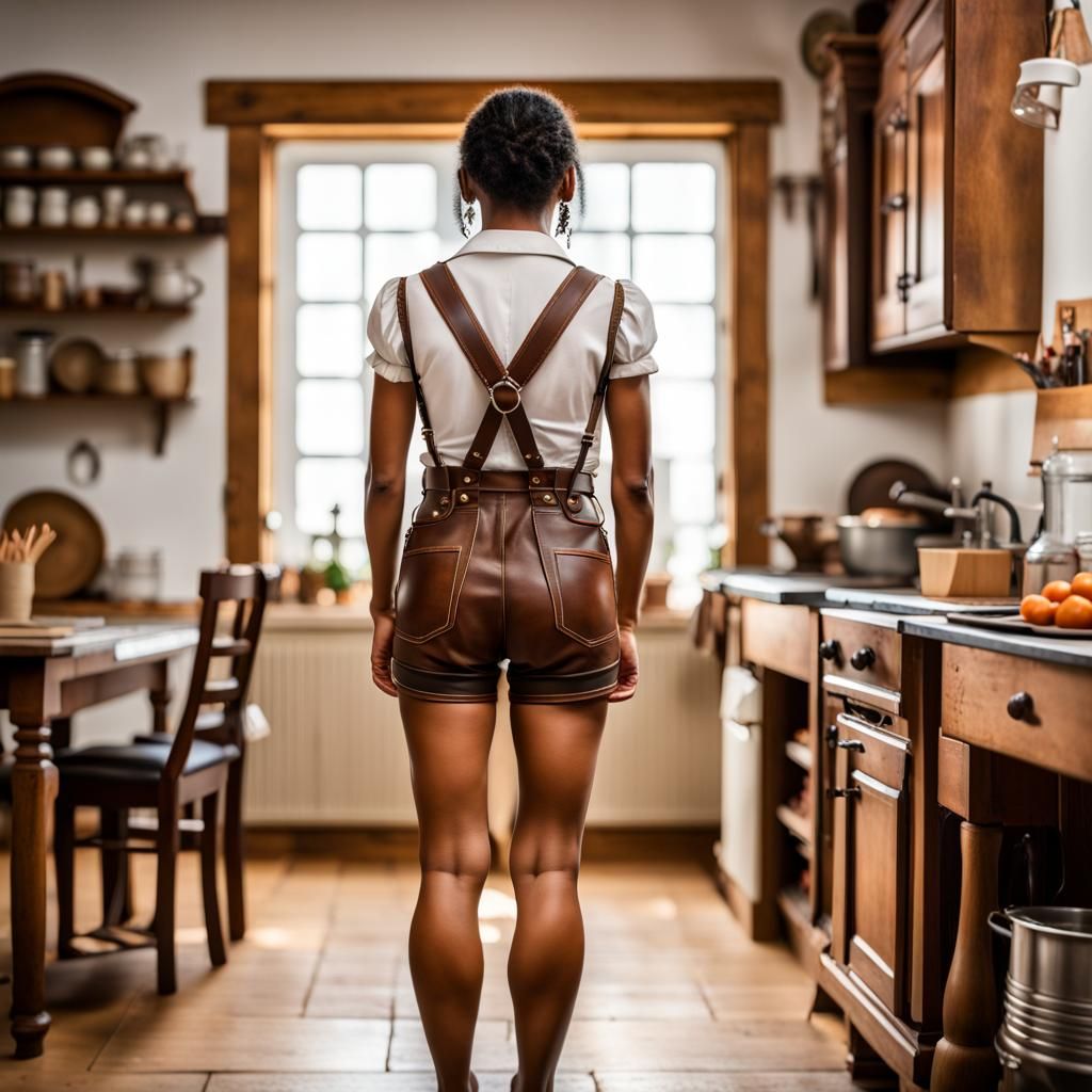 Woman with brown skin from behind stands in a country style kitchen. She wears brown tight traditional lederhosen shorts...