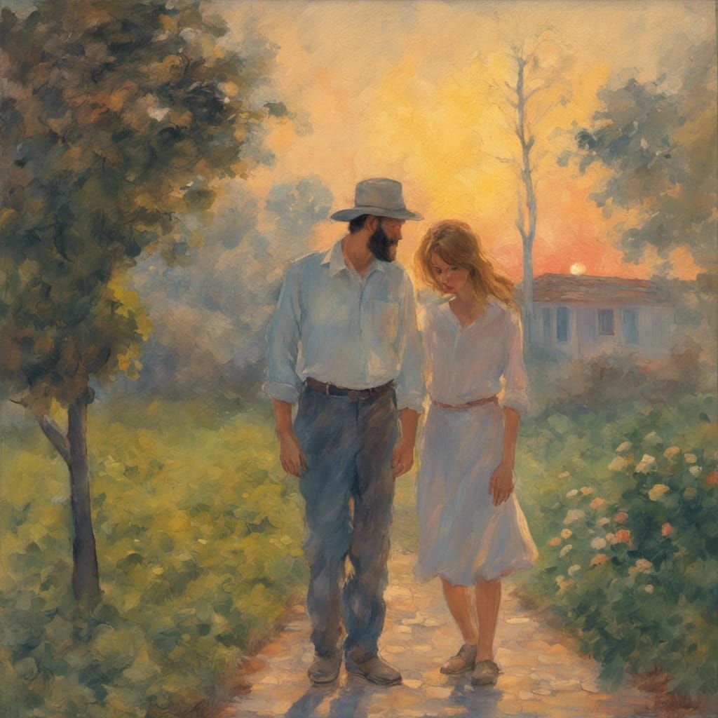 Emotional Sunset Garden Scene in Impressionistic Style