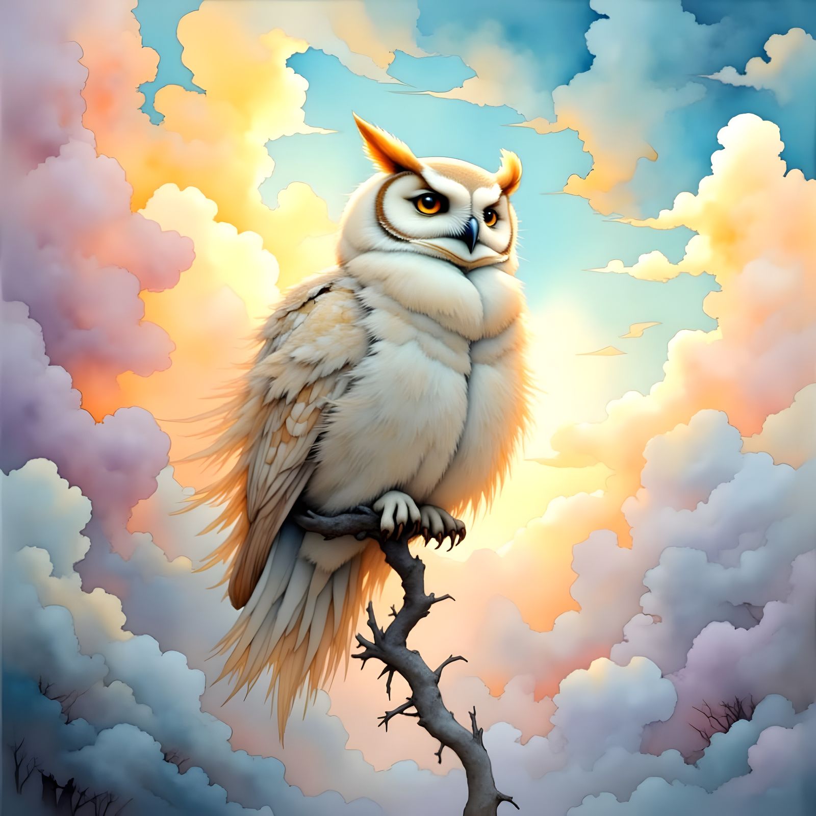 Ethereal Owl on Branch in Dreamy Style