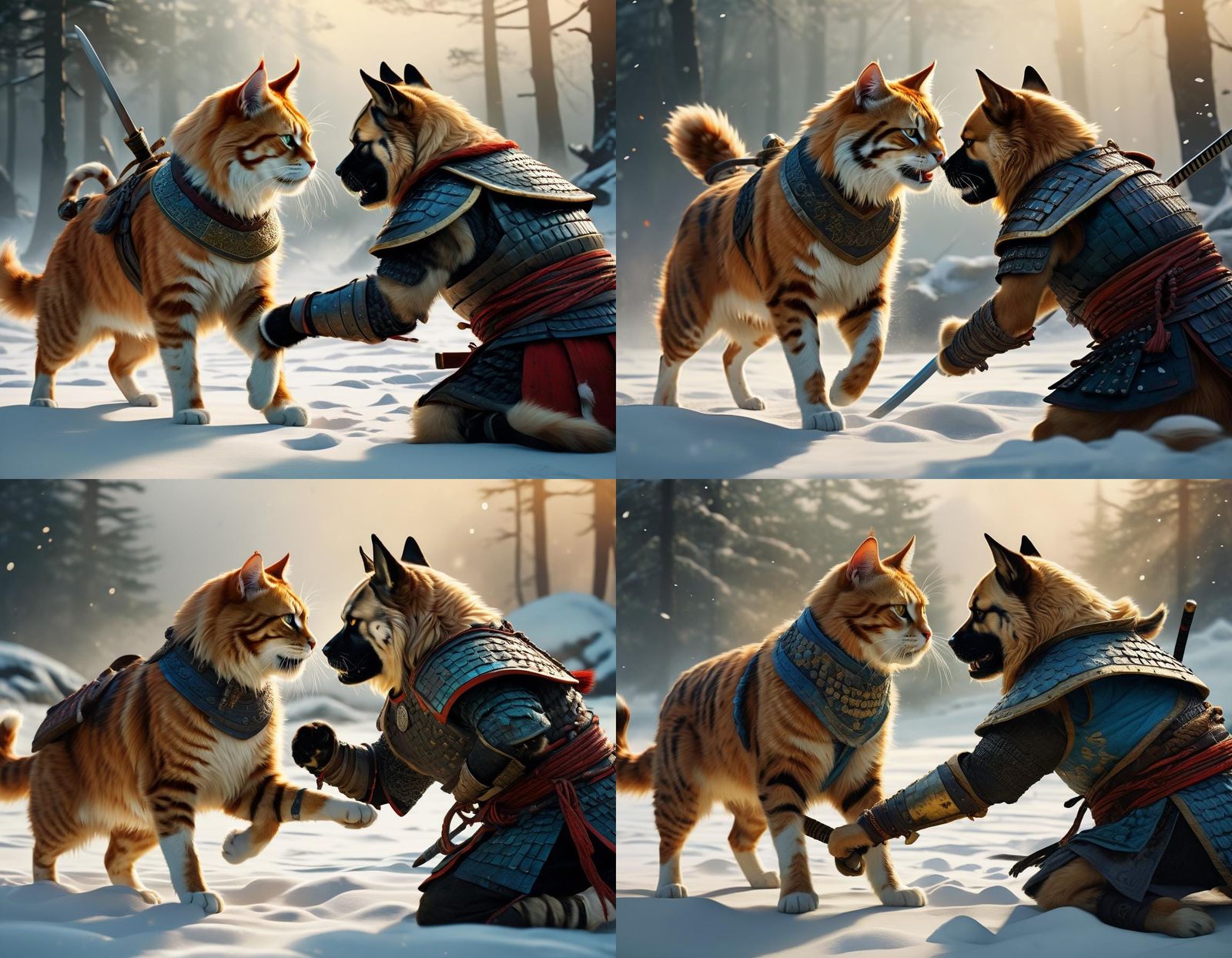 Samurai Cat vs Viking Dog: Hyperrealistic Digital Art