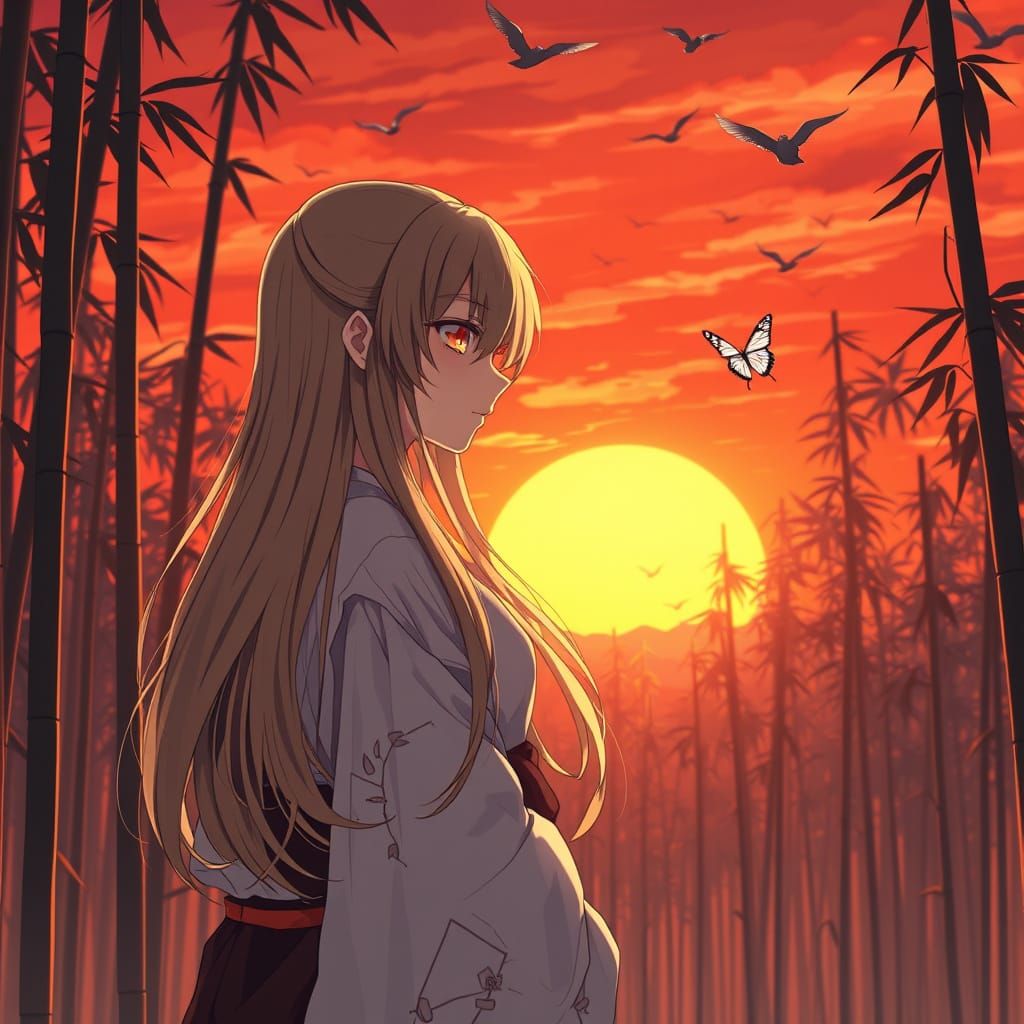 Melancholic Anime Girl in Bamboo Forest at Sunrise