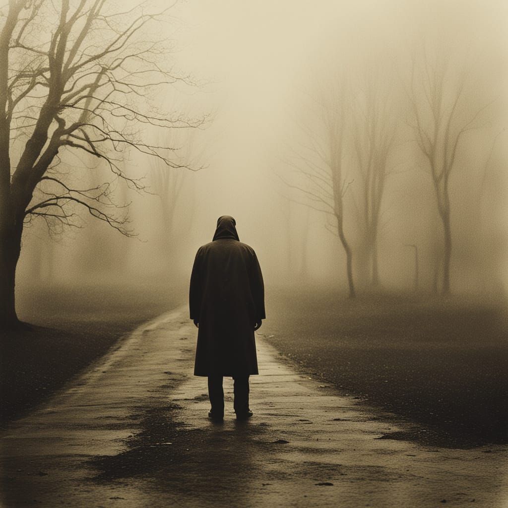 Lonely Figure in Sepia-Toned, Grainy Photograph