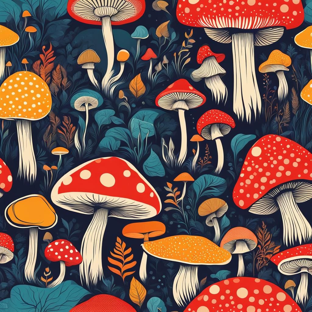 Retro Colorful Mushrooms in Abstract Art Style