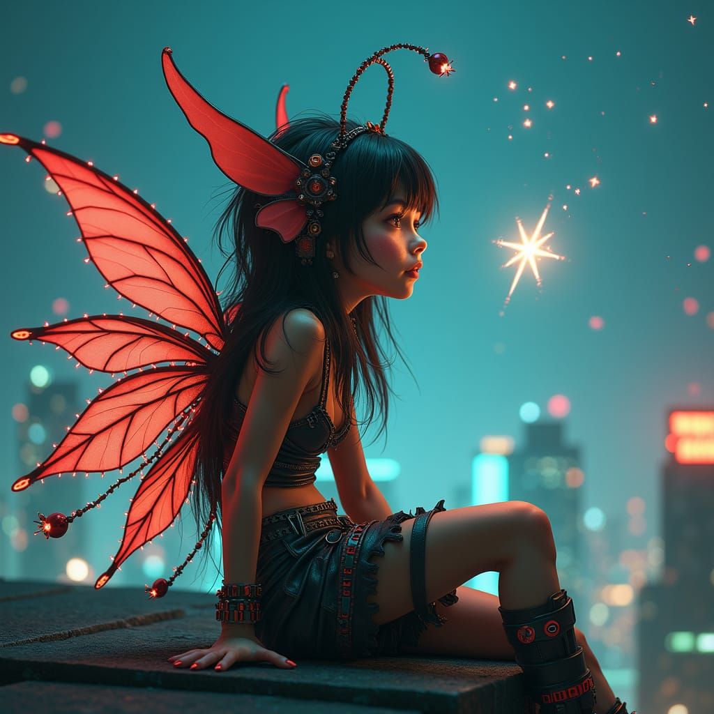 Cyberpunk Pixie Gazing at Falling Star