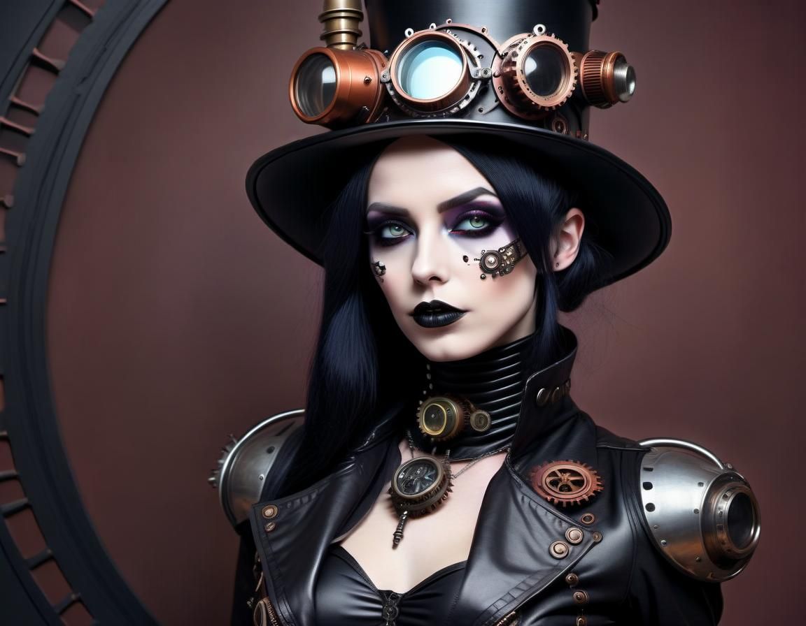 Stylish Steampunk Goth Woman in Retrofuturism Style