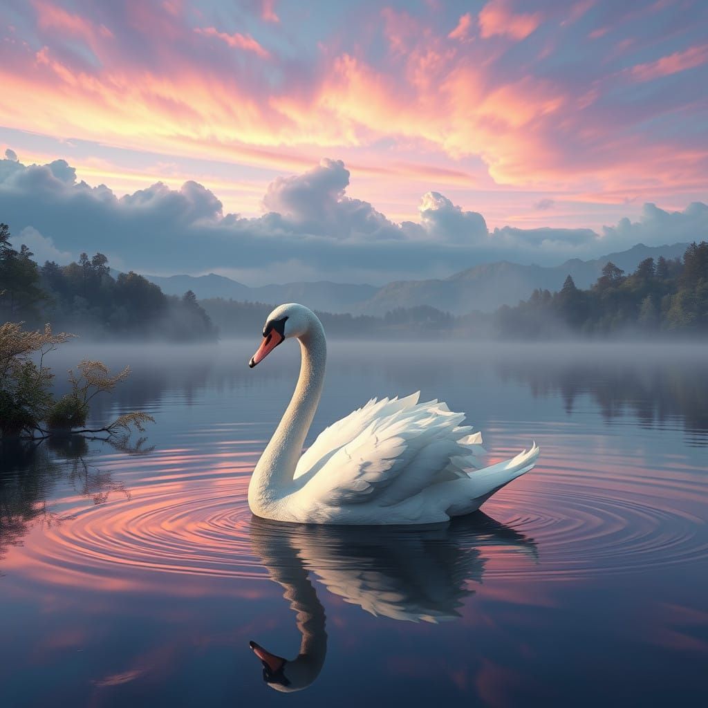 Majestic Swan on a Dreamlike Iridescent Sky