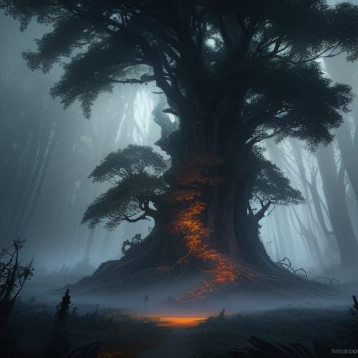 Dark Fantasy Tree Masterpiece in Ancient Forest