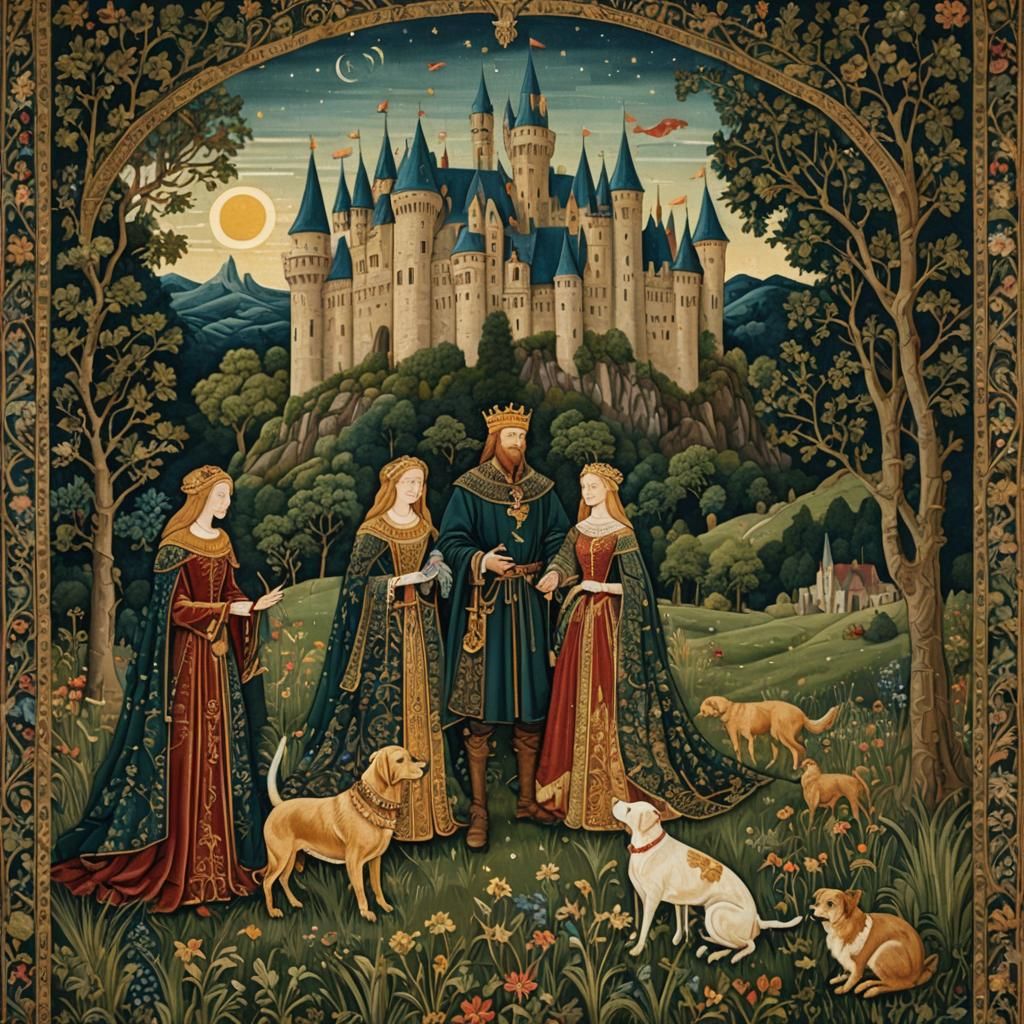 Medieval Tapestry of Royal Family in Meadow