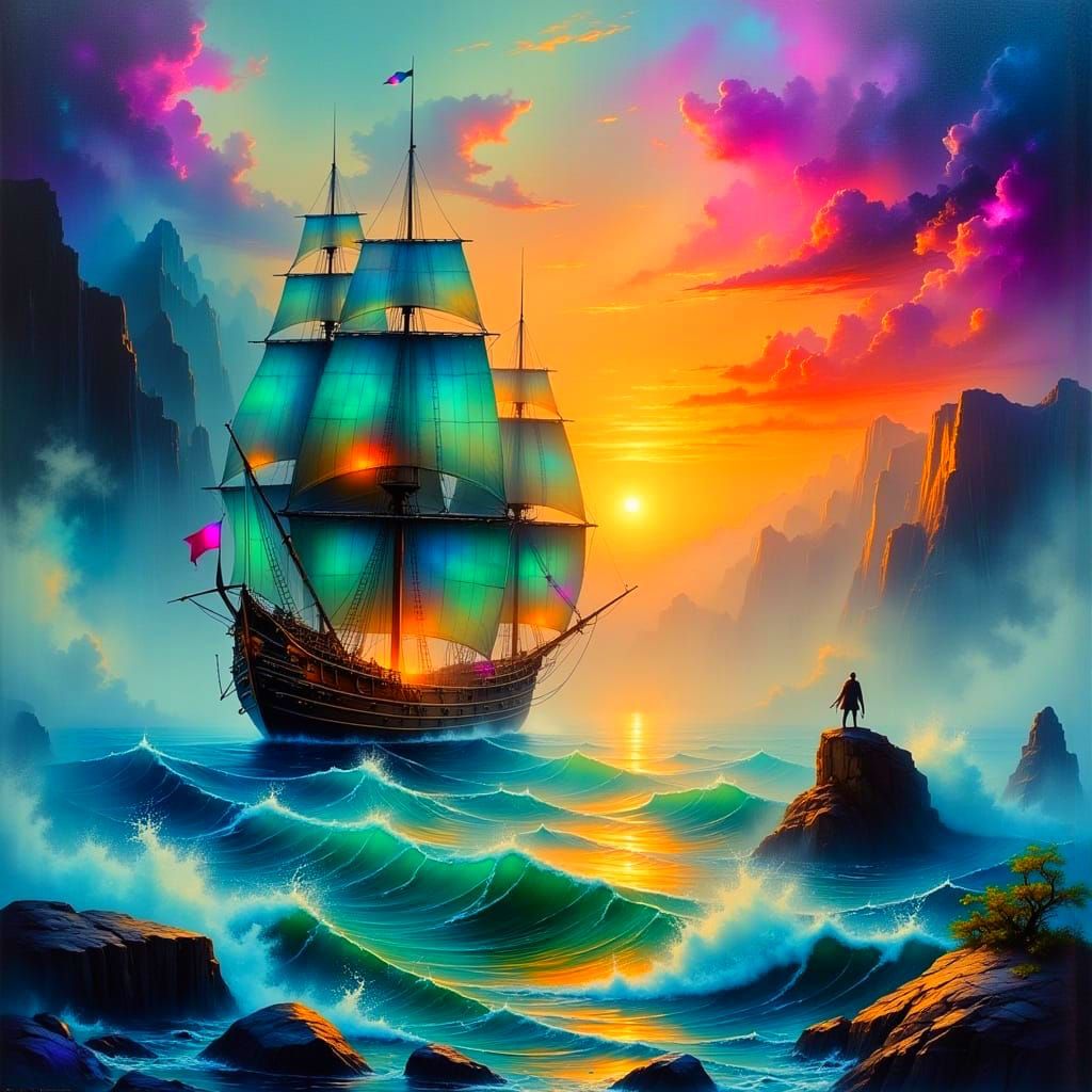 Surreal Dystopian Ship Sails Through Sunset Waves