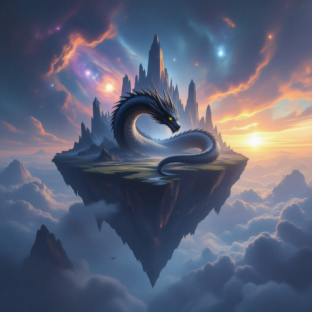 Colossal Obsidian Dragon on Cosmic Floating Island