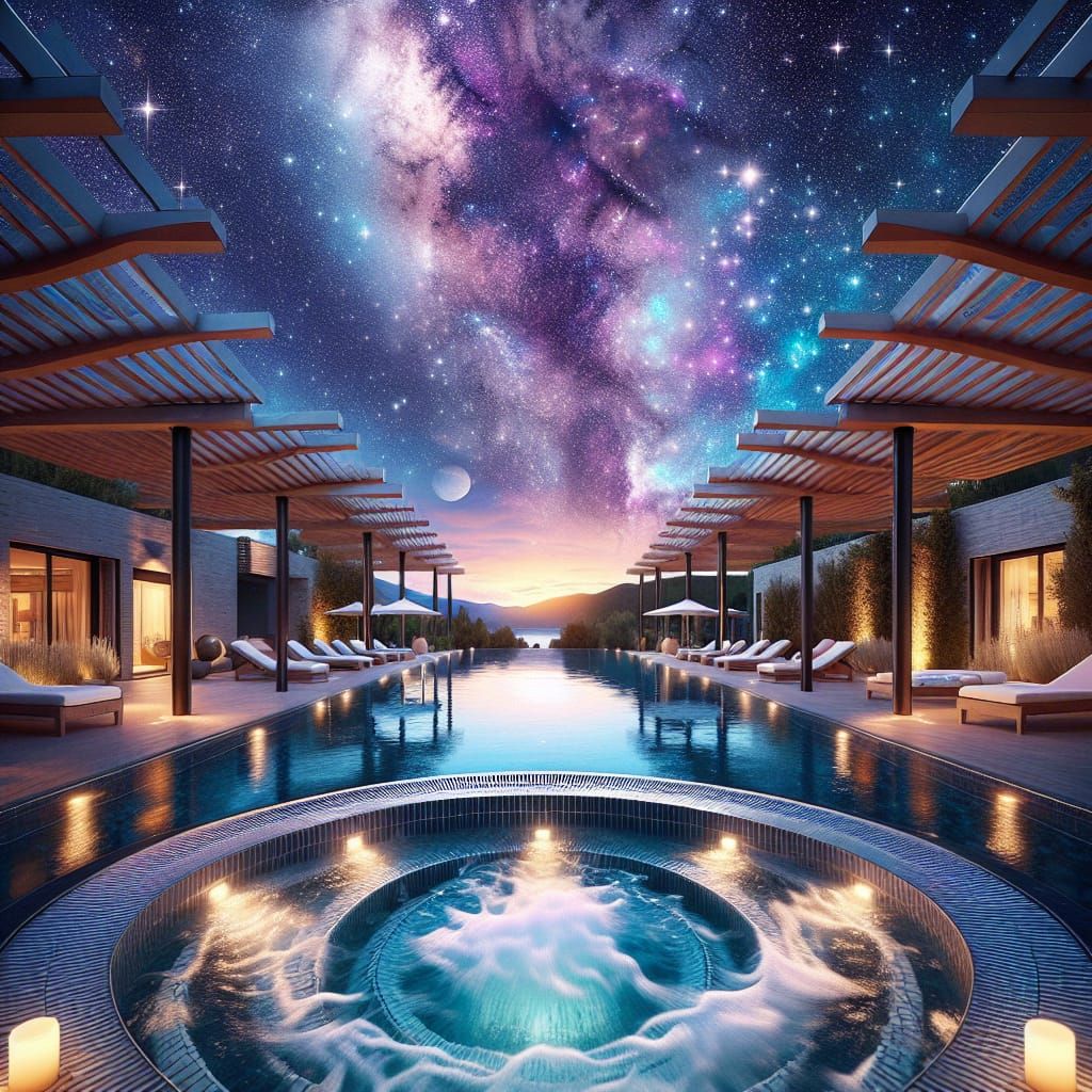 Luxurious Jacuzzi Under a Starry Aurora