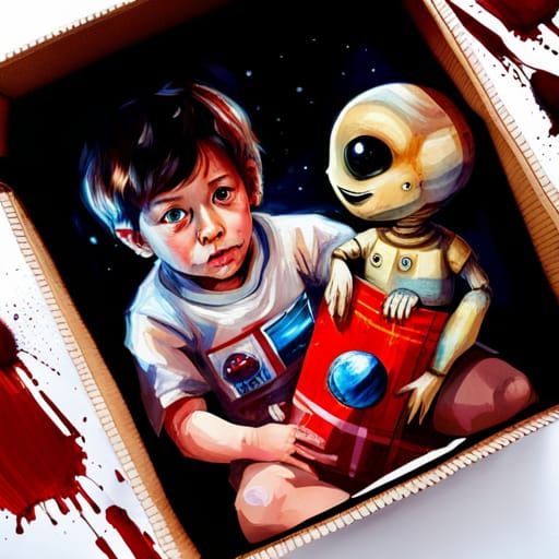 Boy's Cosmic Cardboard Box Fantasy in Hyperreal Style