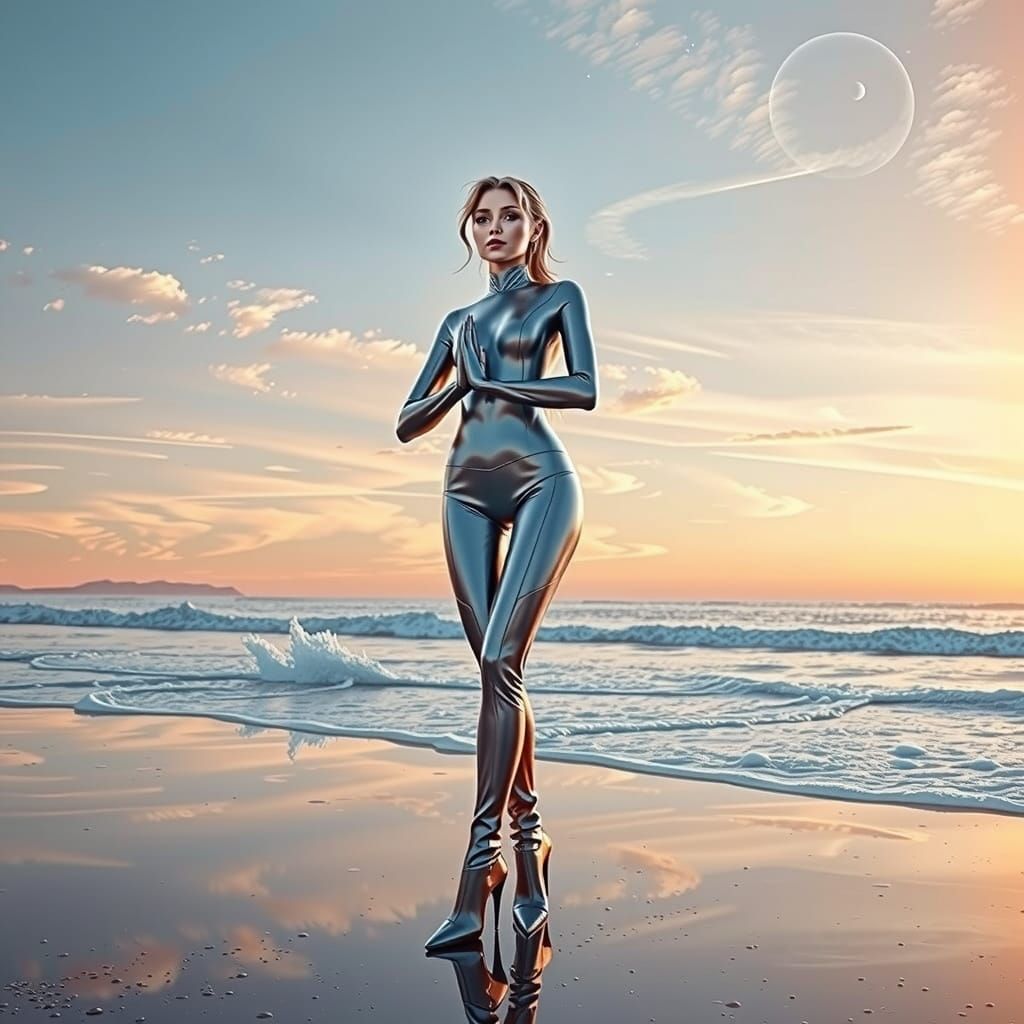 Serene Futuristic Yoga Goddess in Shimmering Latex on Beach ...