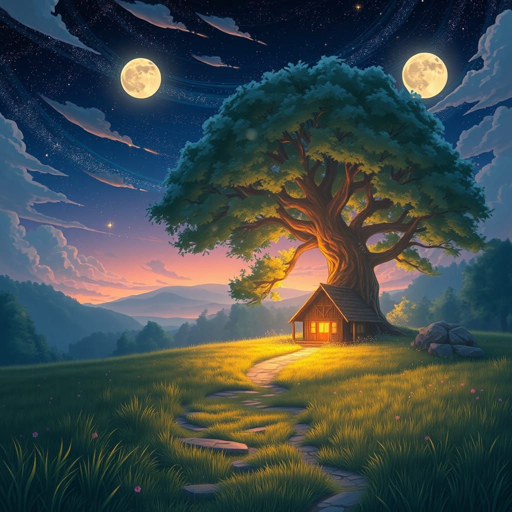 Anime Night Sky Landscape with Cabin
