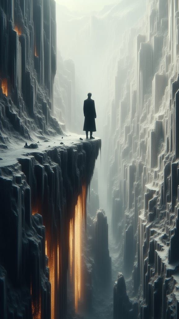 Contemplative Figure Overlooks Majestic, Surreal Mountainsca...