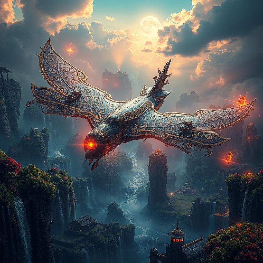 Ornate Aircraft Soaring Through Dreamlike Landscape