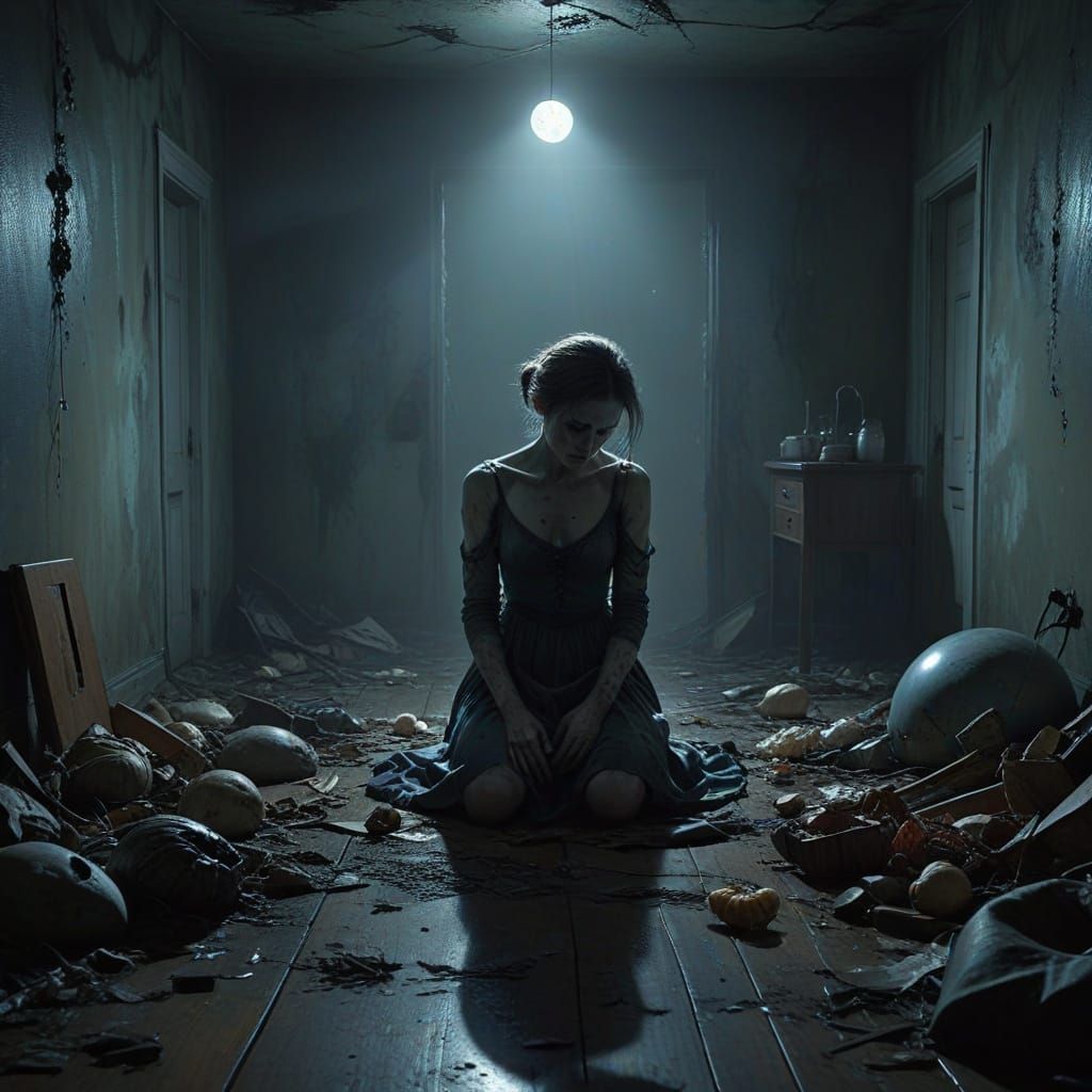 A Somber Moment of Desperation in a Hauntingly Lit Room