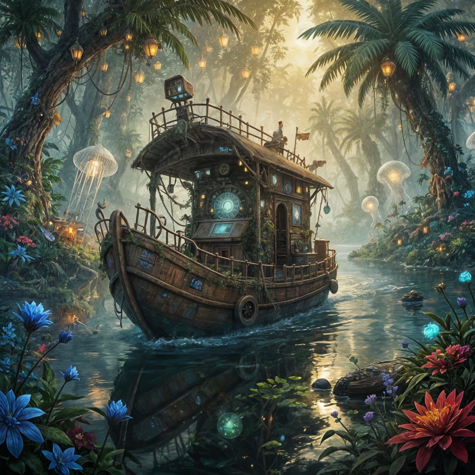 AI Riverboat Navigates Misty Jungle River in Magical Realism