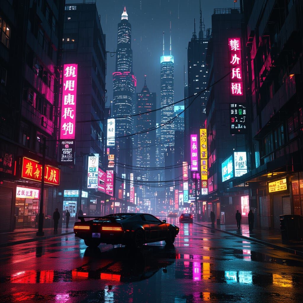 Cyberpunk Kowloon: Neon Reflections in Gritty Cityscape