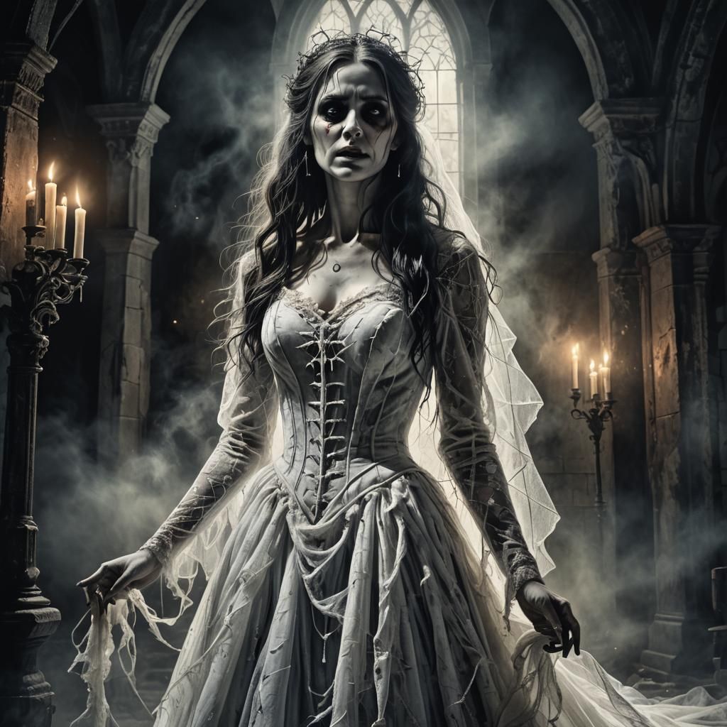 Female Ghost Searches Cobweb Chapel: Gothic Horror Art