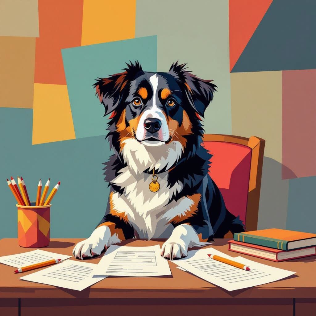 Dog at Desk in Geometric Cubist Art Deco Style