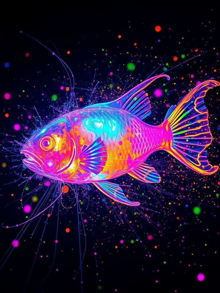 Psychedelic Cosmic Fish in Neon Double Exposure