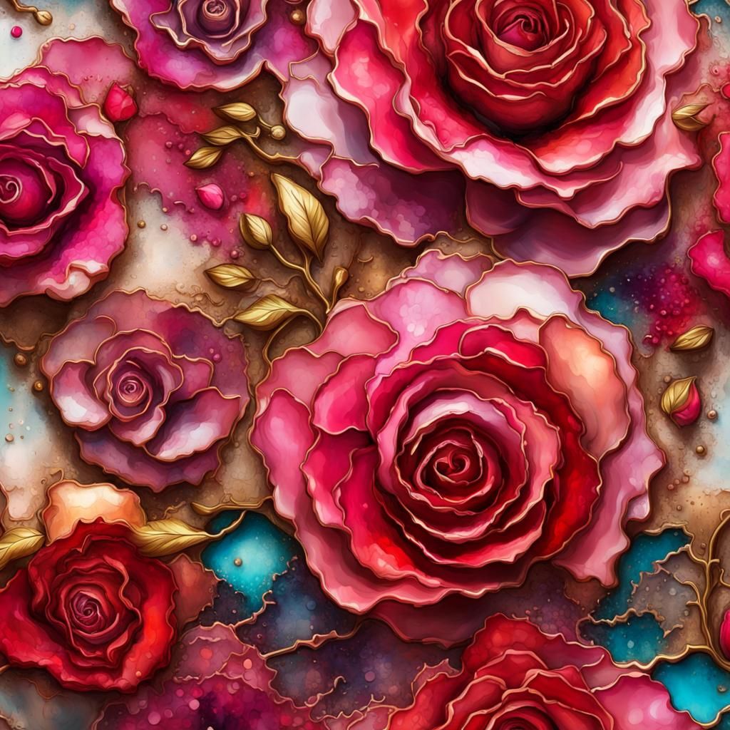 Alcohol Ink Roses with Brass Edging in Impasto Style