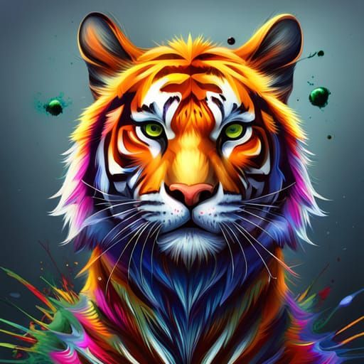 Colorful Paint Splatter Tiger: Detailed Fantasy Art