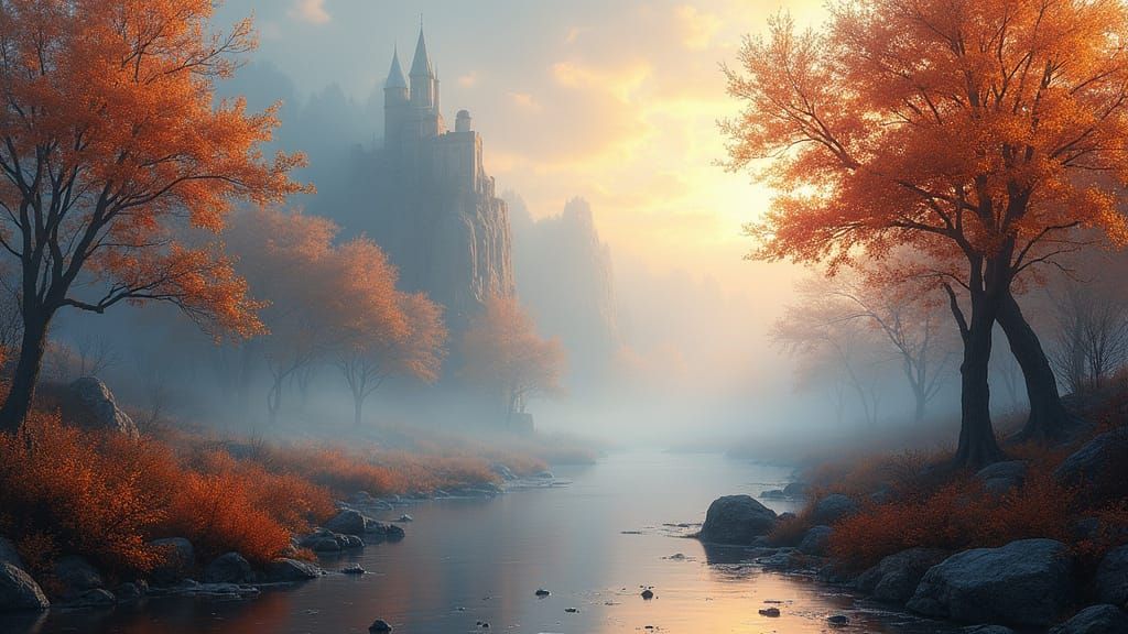 Ethereal Fantasy Autumn Castle Landscape