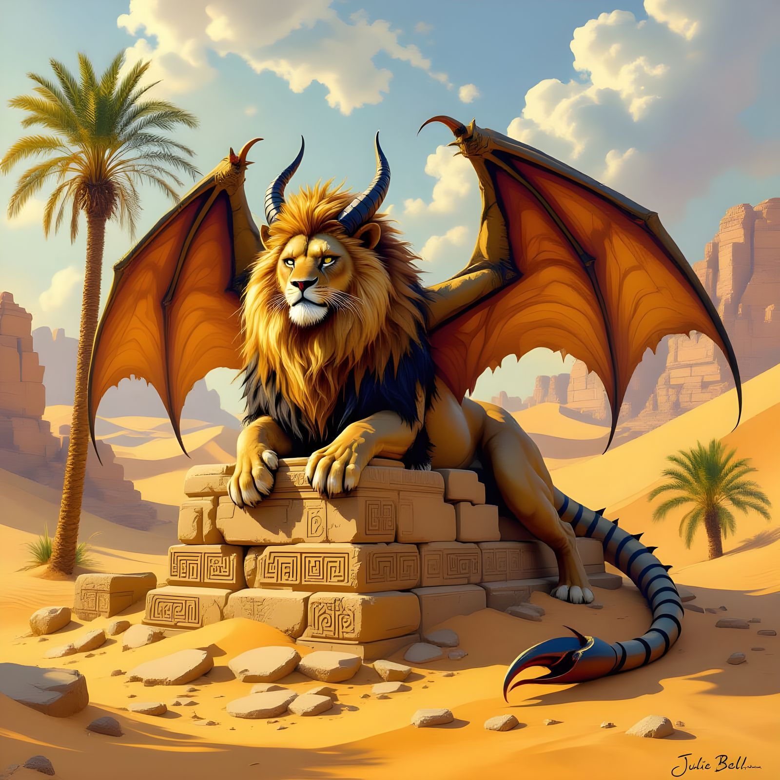 Magnificent Manticore on Persian Ruins Oil Painting