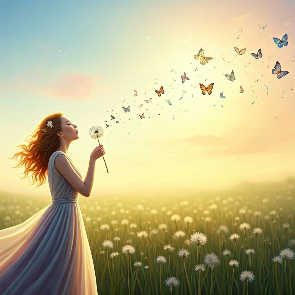 Iridescent Butterflies Emerge from Whimsical Dandelion in Pa...