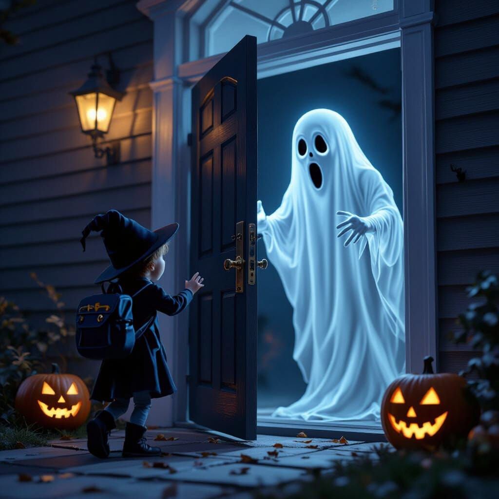 Young Trick or teaters, knocking on a door which is opened b...