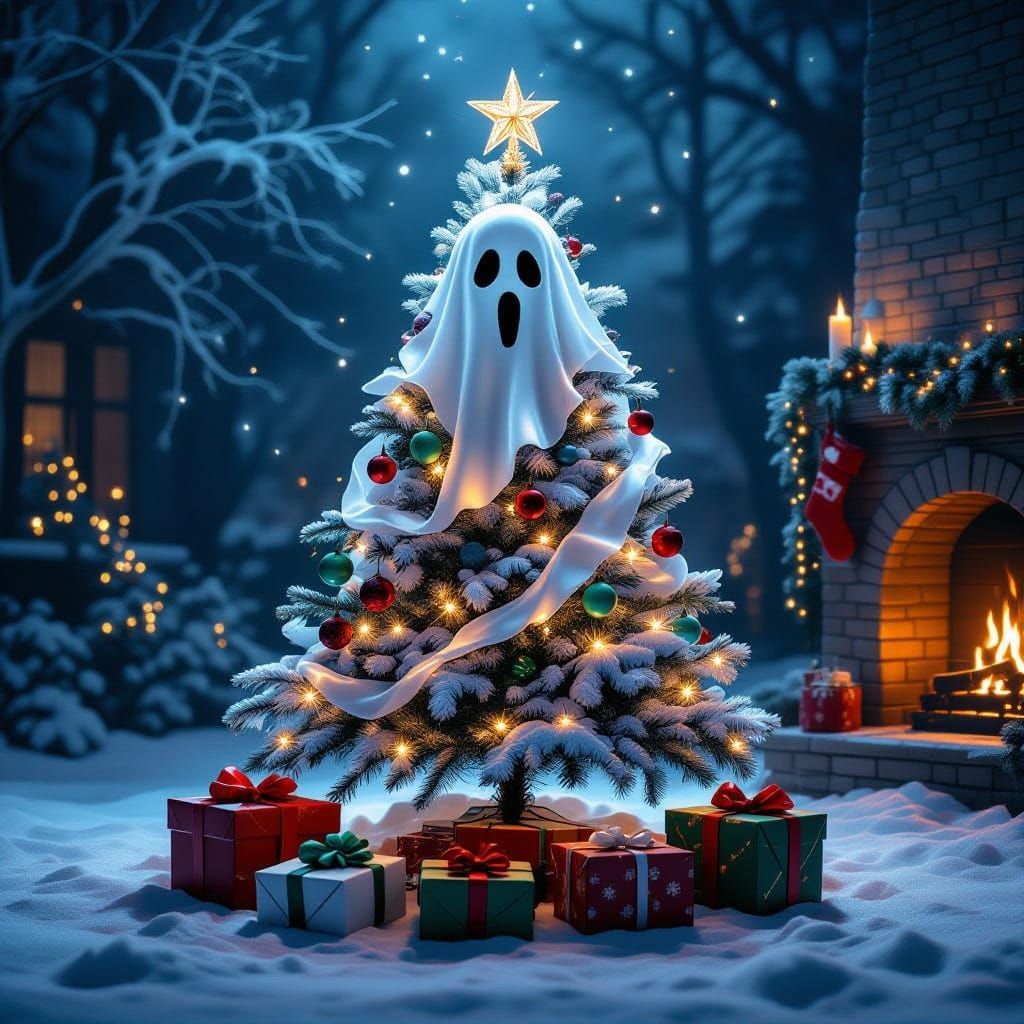 a ghostly Christmas tree with haunted presents